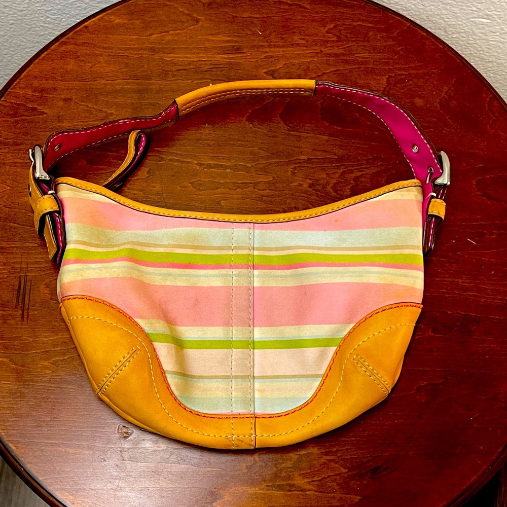 Coach 1884 Hampton Stripe Canvas Tan Leather Trim Small Hobo Shoulder Bag Purse